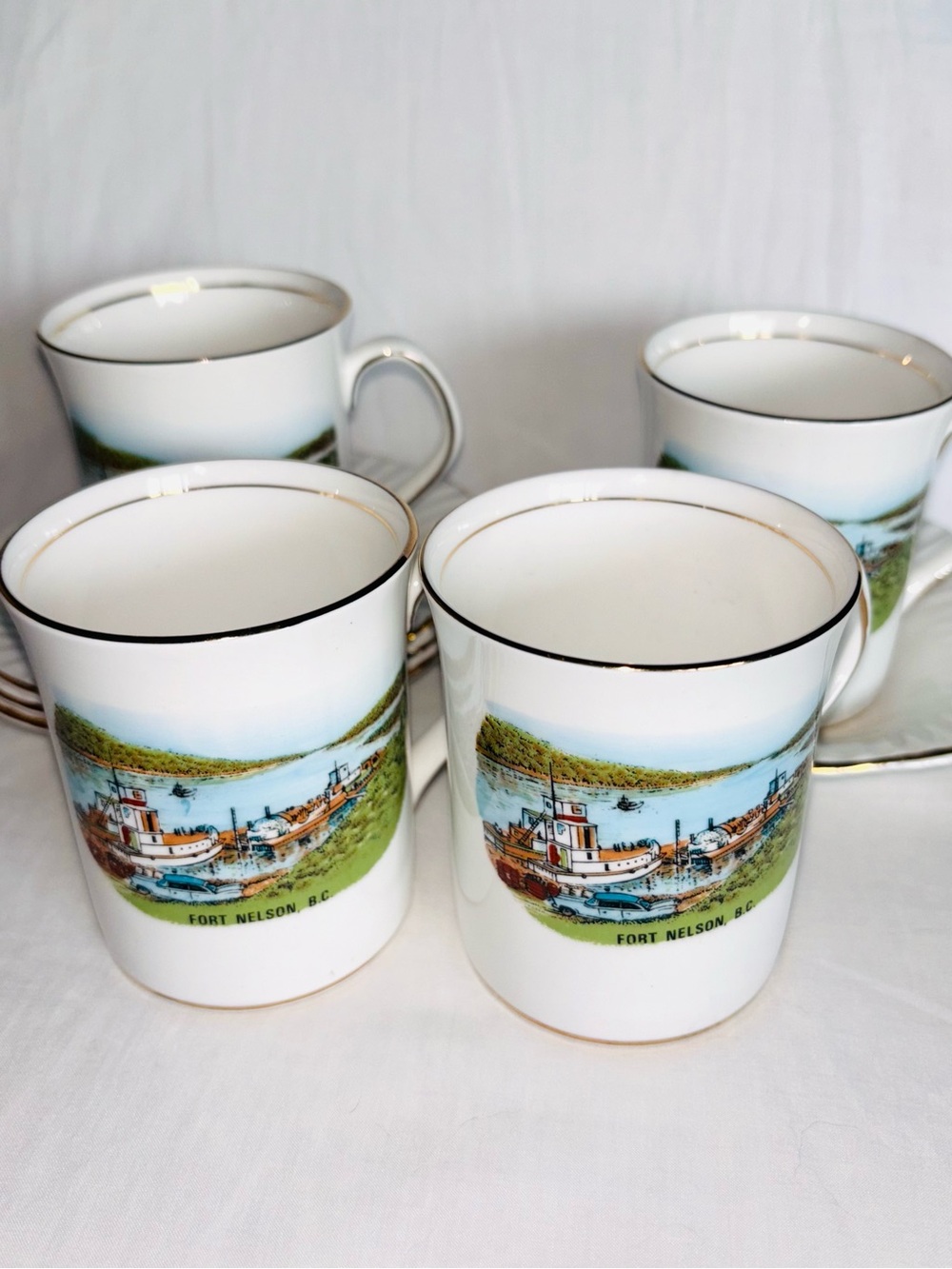 Vintage Fort Nelson BC Souvenir Coffee Cup Saucer Set of 4 Elizabethan China